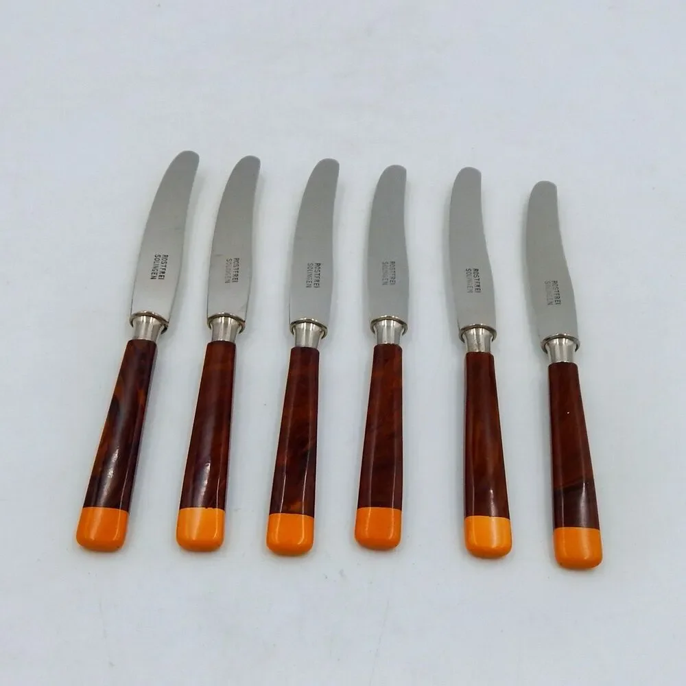 Rostfrei Solingen Dessert Knife 6 Pc Set Wood Grain Bakelite Handle Box 1930s